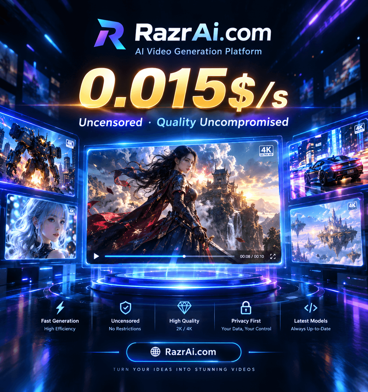 RazrAI 无审核视频生成：0.015美元/秒，质量不减，自由创作新标准