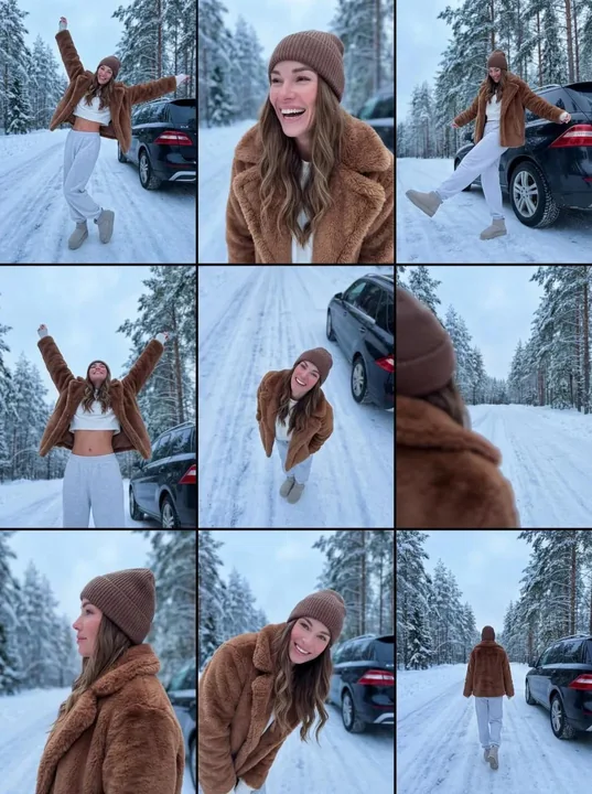 3x3 grid collage of a young woman in a winter forest