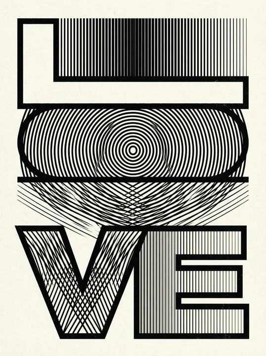 Black and white moiré illusion "love" retro-futuristic optical illusion