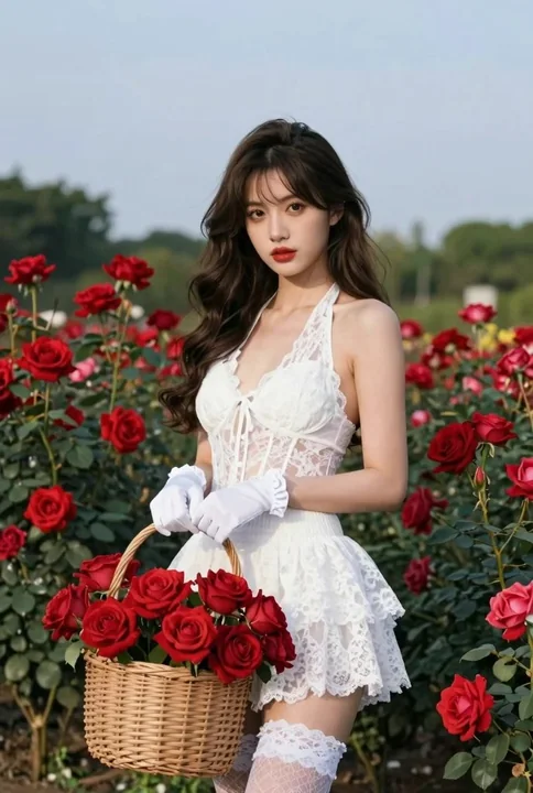 Aesthetic photo of a white lace girl in the garden of red roses