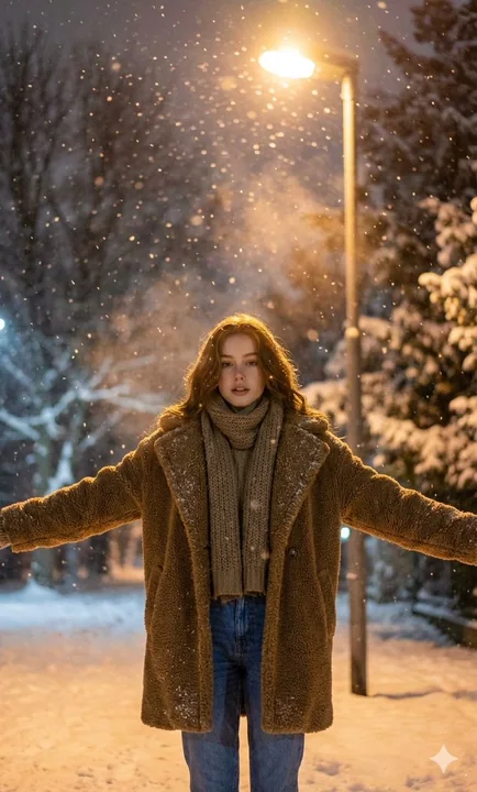 Portrait d'hiver ultra-réaliste d'une personne enlacée sous une lumière de rue, avec de la neige qui tombe.