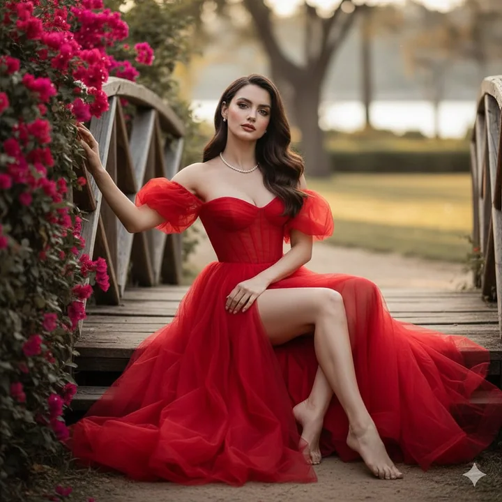 夕焼けの花畑の中、紅いドレスを着た女神がエレガントに座っている