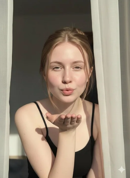 Golden-haired girl's beautiful moment of flying kiss under the dreamy light