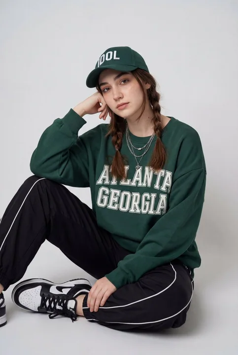 Laid-back street style photo of a girl wearing a dark green hoodie