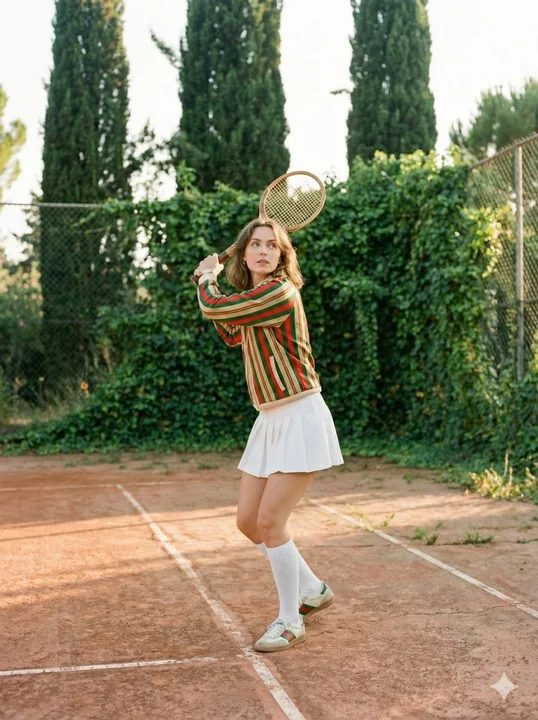 Style photo de film vintage : une jeune fille au tennis s'étire paresseusement sous les derniers rayons du soleil d'été