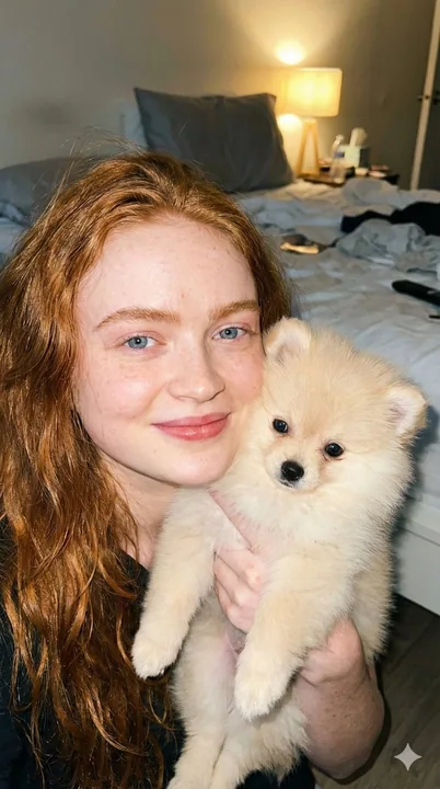 Jeune fille aux cheveux rouges sous une lumière dure et un chien de compagnie shih tzu mignon