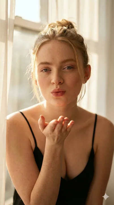 金色の陽光に包まれたファッション少女が、美しいキスの瞬間