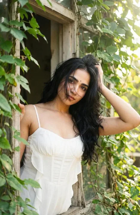 Fille élégante en robe de dentelle devant une fenêtre, photo en film avec un arrière-plan verdoyant