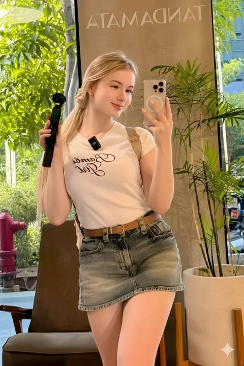 金发の女性がiPhoneを持って、陽の当たるカフェで鏡に向かって超現実的なセルフィーを撮っている。