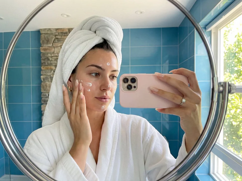 Jeune fille se maquillant devant le miroir après une douche matinale sous une lumière fraîche