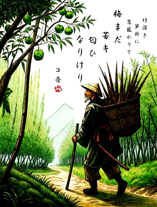 竹林の幽かなる小径に舁き台の影が揺れ、残る梅の苦い香りが漂う