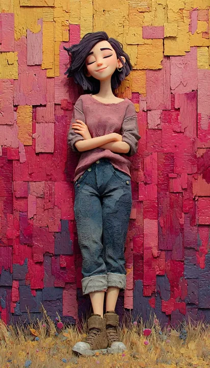 A 3D-style woman leaning against a colorful wall