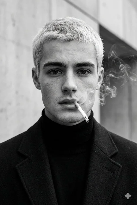 Hyper-realistic fashion male model portrait in black and white smoke