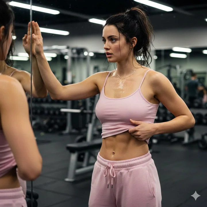 Retournant la veste devant le miroir : une image hyper-réalisée dans un gymnase rose.