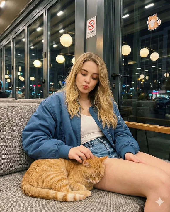 A girl with golden hair gently strokes an orange cat in the Night Color Café