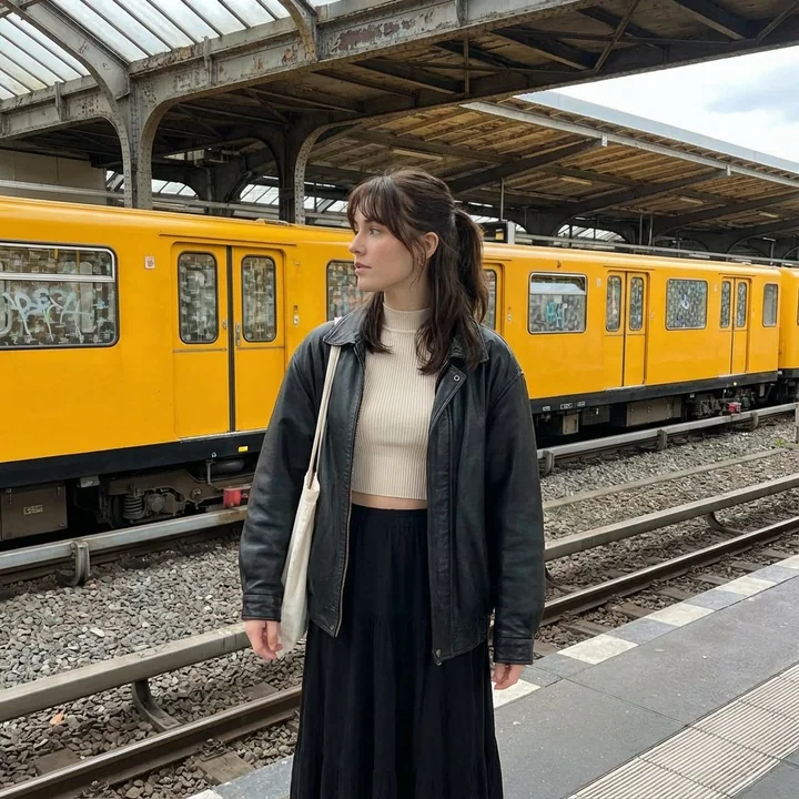 穿皮衣沉思的少女在都市站台