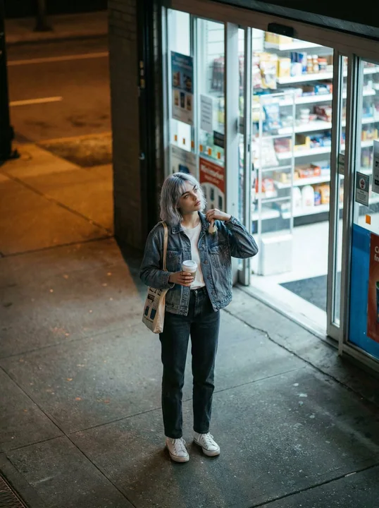 Vue aérienne d'une fille décontractée en train de faire des photos de rue dans une boutique de nuit