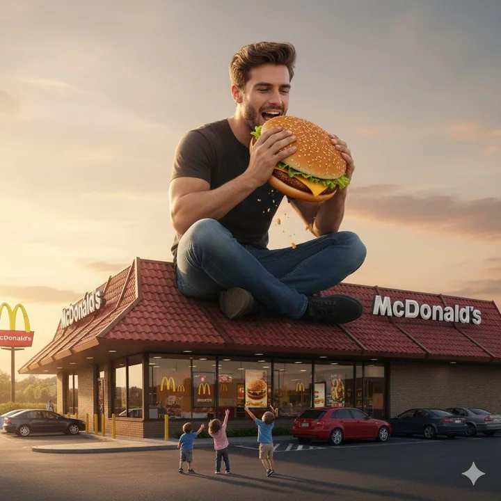 Géants sur les toits au coucher du soleil et hamburgers