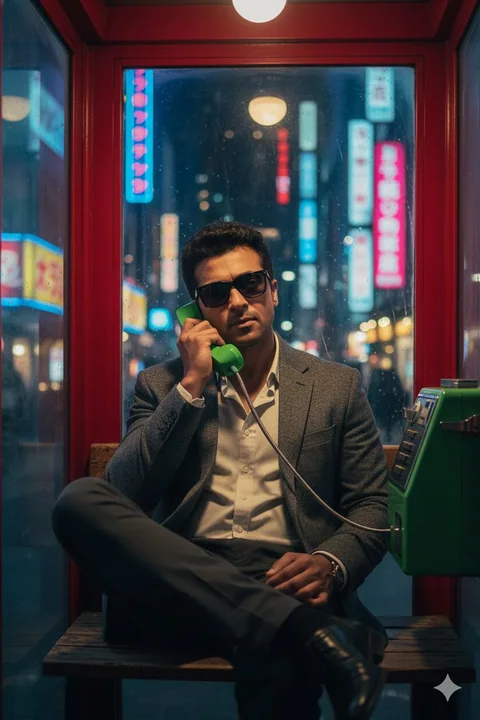 Man's shadow under neon night with a vintage telephone booth