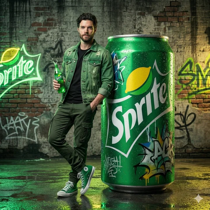 Homme stylisé en vert sur une bouteille géante de Sprite dans une publicité commerciale