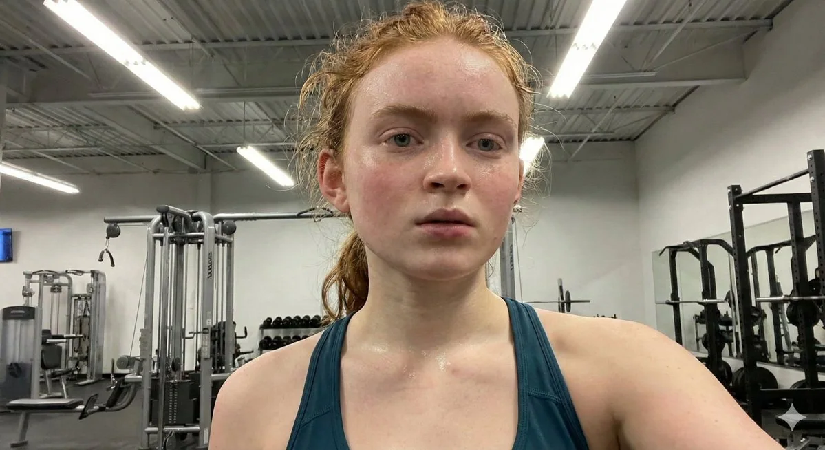 Autoportrait de fitness extrême d'une fille au crâne roux transpirant abondamment