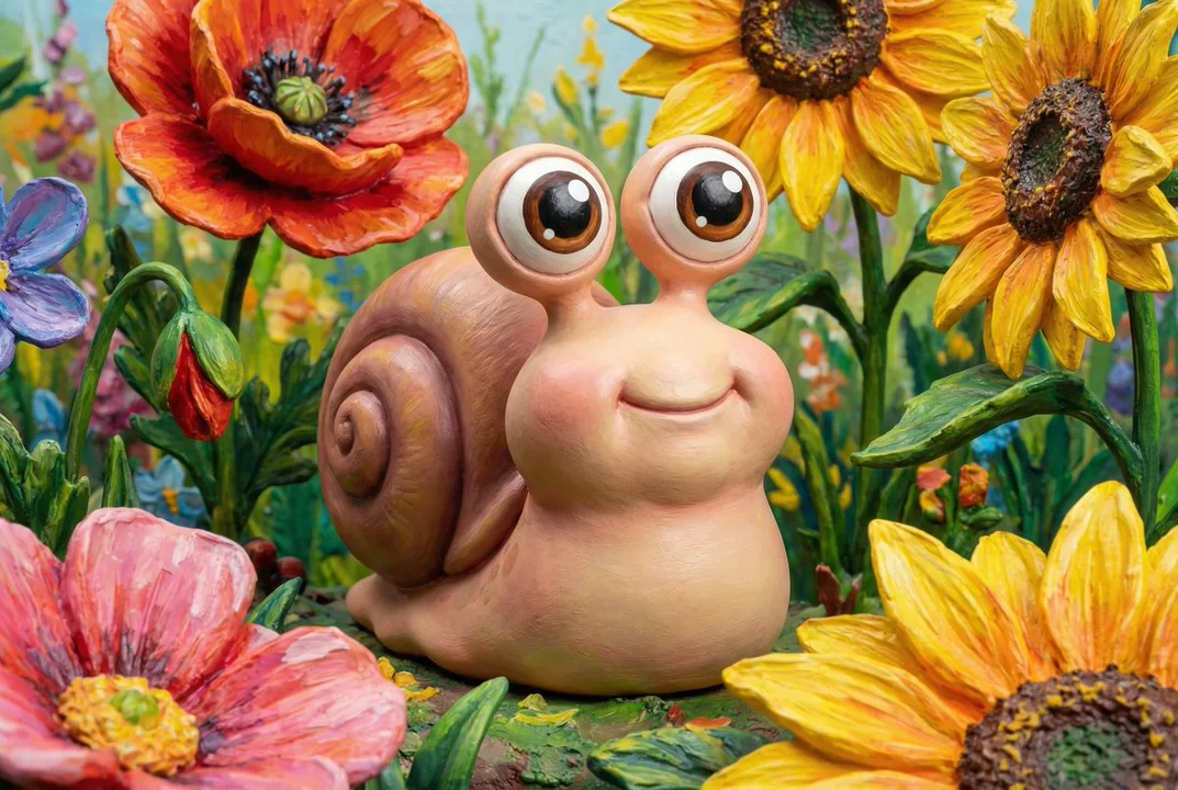 Vue macro d'une limace géante aux yeux expressifs au milieu d'un buisson de fleurs géantes