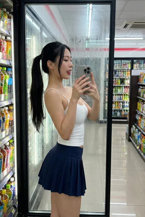 Séduisante selfie devant le réfrigérateur de la boutique de convivialité