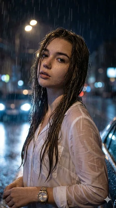 雨夜都市中的沉思女性