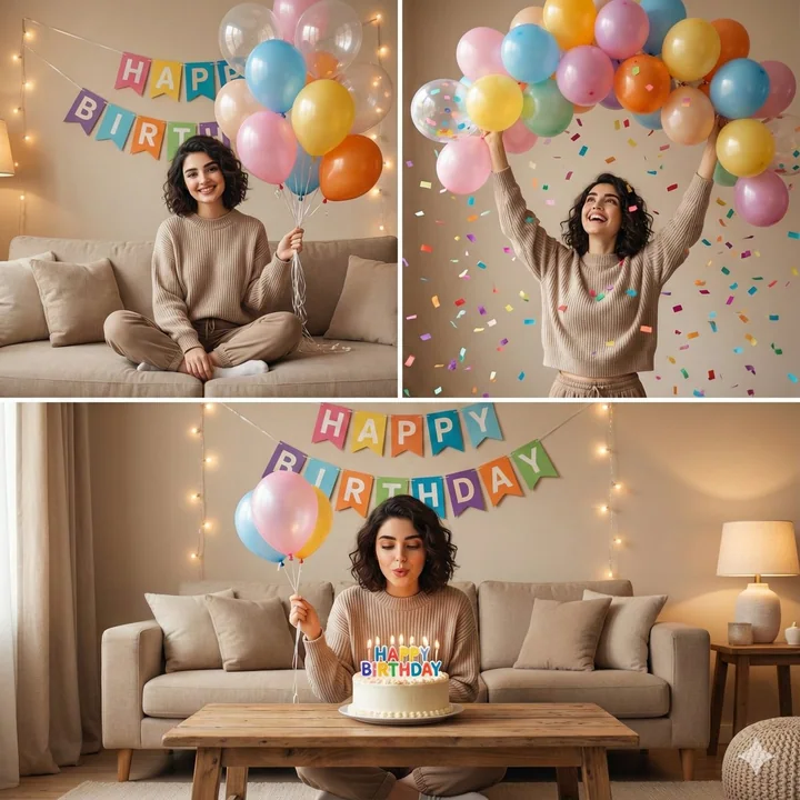 Cozy indoor birthday celebration collage