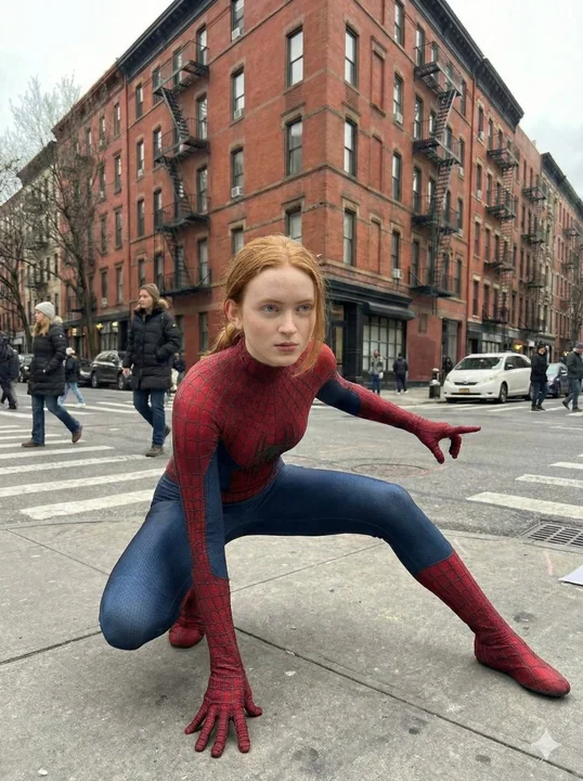 赤毛のスパイダーガールがニューヨークの街でコーヒーを飲んでいる