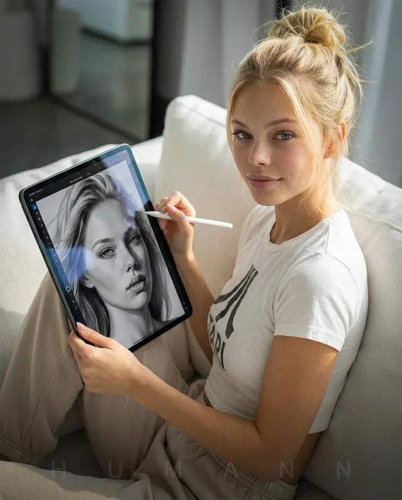 Суперреалистичный диван, созданный на iPad, портрет человека