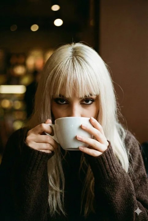 Jeune femme séduisante tenant une tasse de café dans un flou artistique