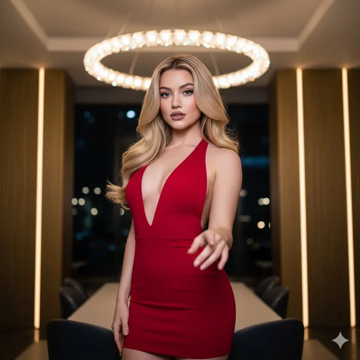 Vue nocturne luxueuse d'une belle rousse en robe rouge séduisante