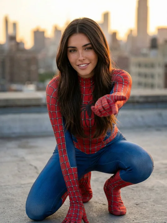 赤毛のスパイダーマンがニューヨークの街でコーヒーを片手に持っている