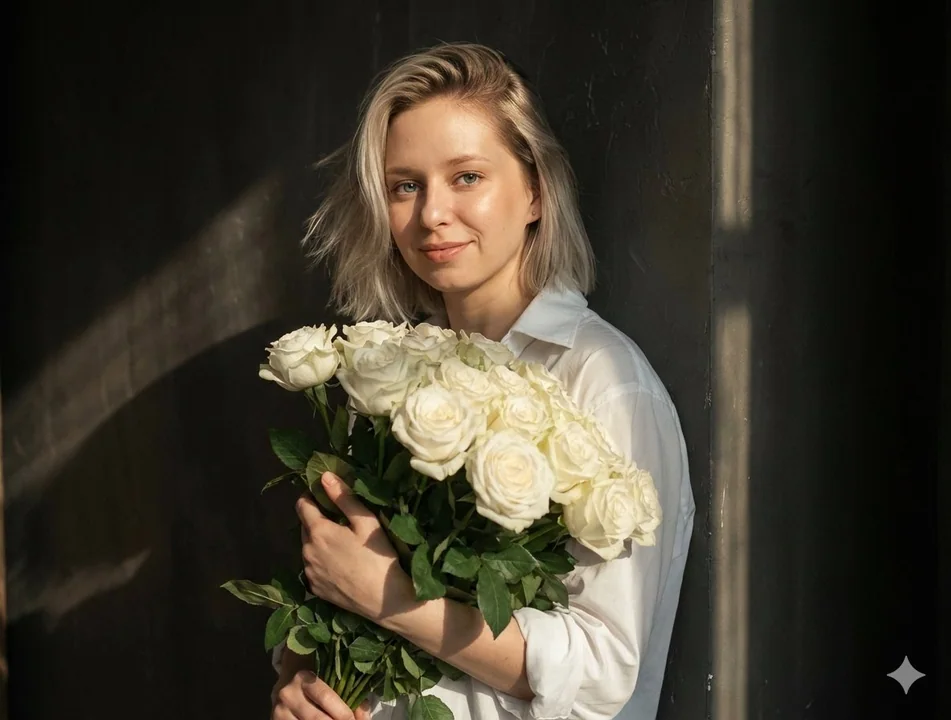 Jeune fille lumineuse tenant une rose blanche
