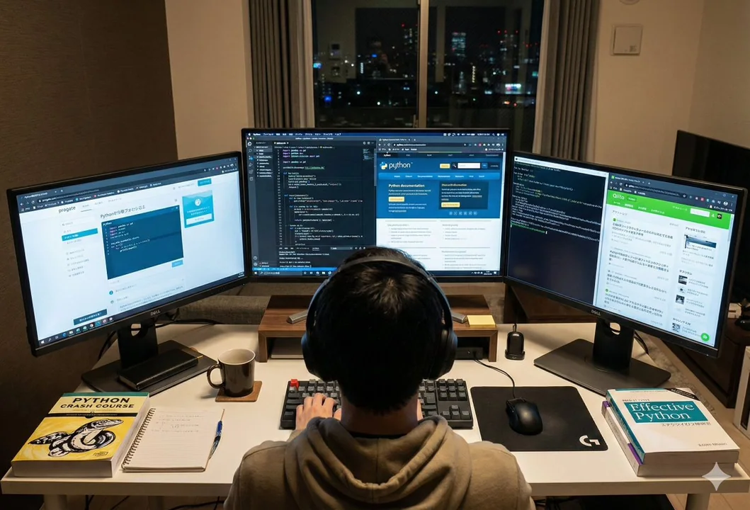 Japanese programmer studies Python programming late at night