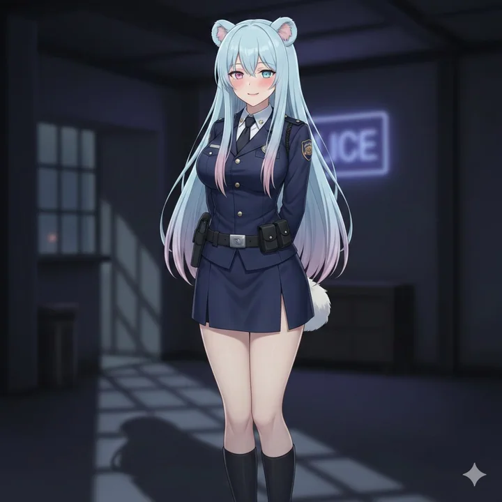 Pink, blue, and white color scheme energetic female police officer