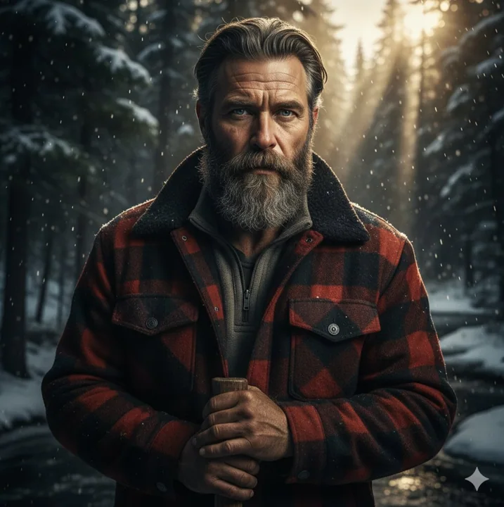 Rough Woodcutter in the Sunny Snow Forest