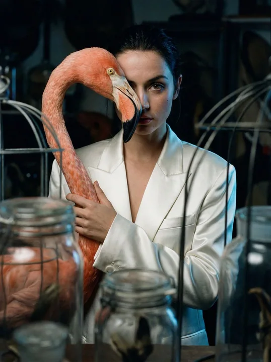 Hallucination d'une moitié de visage de flamant rose dans la salle des spécimens sombre