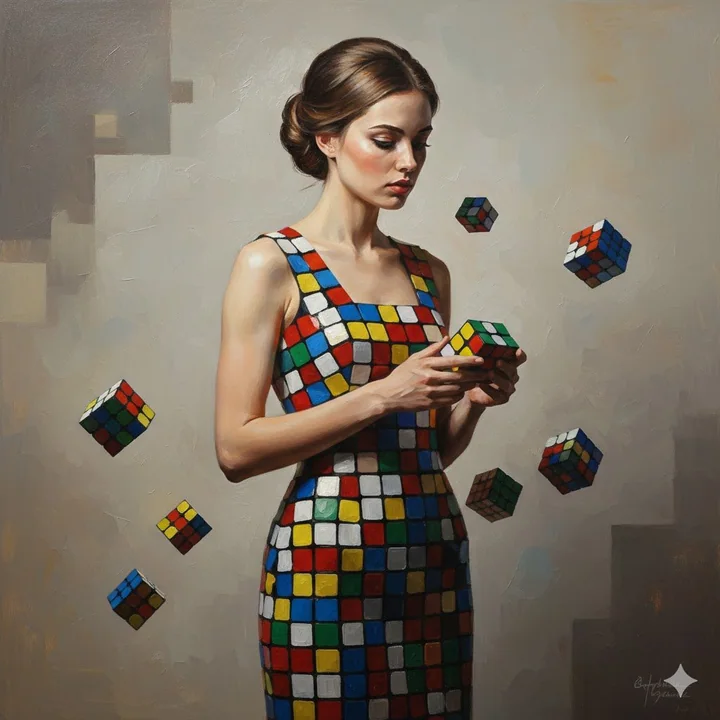 Portrait à l'huile réaliste d'une jeune fille en robe à motifs de cube de Rubik