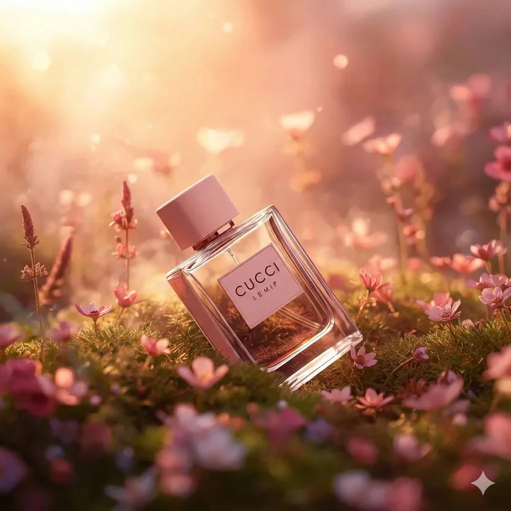 Parfum haute couture dans un paysage de fleurs miniatures magique