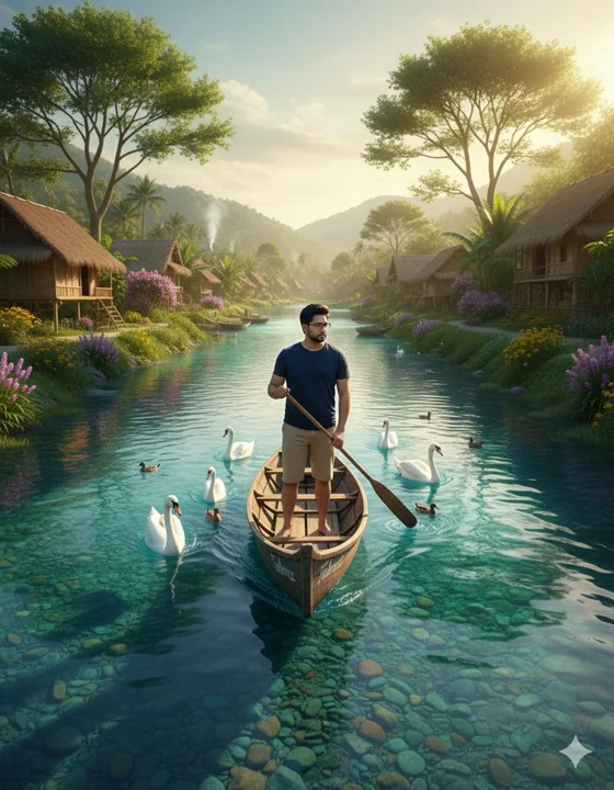 Canoe et cygne sur les eaux calmes