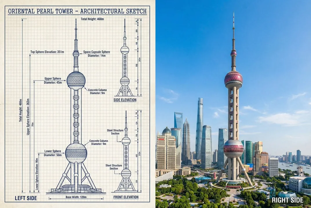 Du croquis à la réalité : la Tour Oriental Pearl en comparaison
