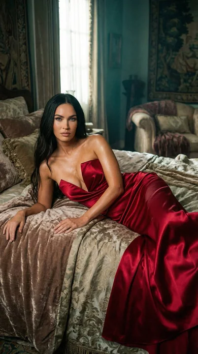 Luxurious cinematic feel of a beautiful woman lazily lying on the bed in a red dress