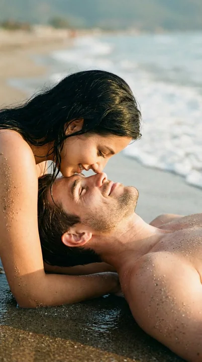 Close-up of intimacy on the beach, film texture romantic