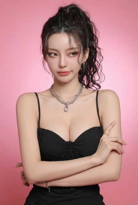 ピンク調のスタジオで撮影された、プライドが高いポーズのフォト