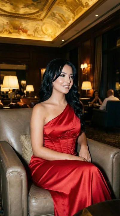 Photos suggestives d'une robe rouge dans un bar de luxe à la nuit tombée