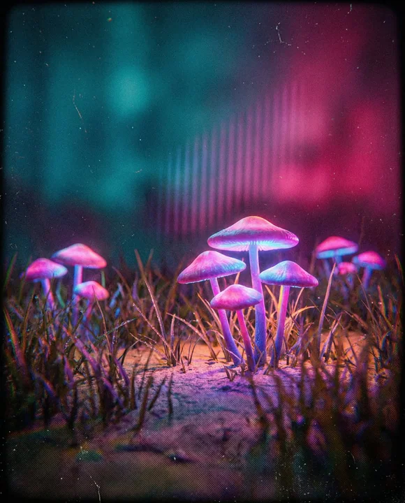 Fluorescent mushrooms under a hazy neon glow