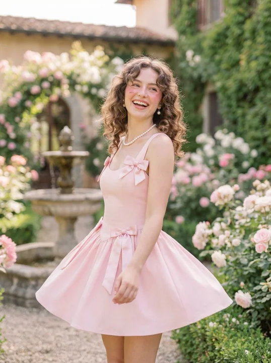 Jeune fille en robe rose délicate dans la cour des rosiers