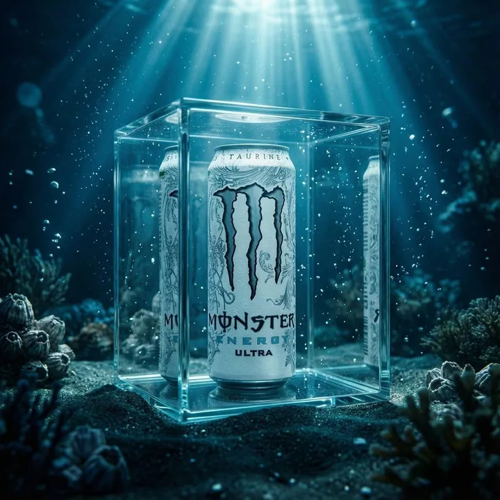 氷の透き通った白い缶のエネルギー飲料 映画のような迫力のビジュアル